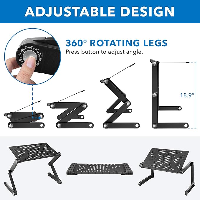 Mount-It! Adjustable Laptop Stand & Lap Desk, Large Aluminum Laptop Tray with 360° Rotating Legs, Portable Sit-Stand Laptop Desk for Bed, Couch, Desk & Floor, Ventilated Surface