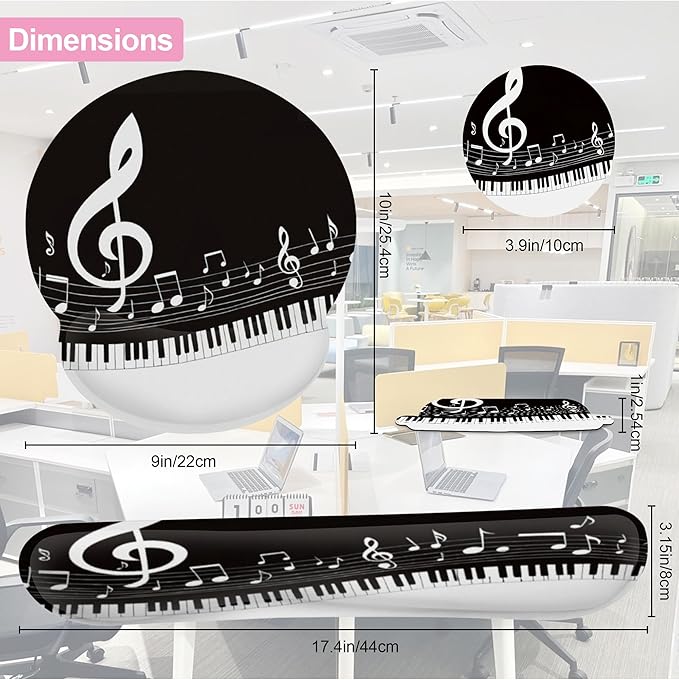 Black and White Piano Notes Mouse Pad with Wrist Rest Set, 3-in-1 Wrist Support Mousepad Set, Gaming Mat Pad with Anti-Skid Base,Ergonomic Memory Foam Mouse Pad Set for Women, Office, Typing, Gaming