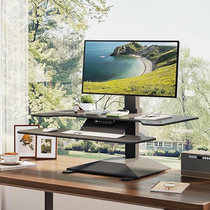 Electric Standing Desk Converter 36" Wide, Height Adjustable Desk Riser, Computer Workstation, Sit-Stand Convertor for Home, Office, School (Black, 1 Arm Included)