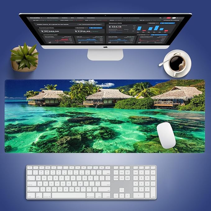 XXL Gaming Mouse Pad with Stitched Edges - Tropical Paradise Overwater Bungalows with Clear Coral Reefs Summer Vacation, Smooth Surface Anti-Slip Base Large Desk Mat for Mice & Keyboard