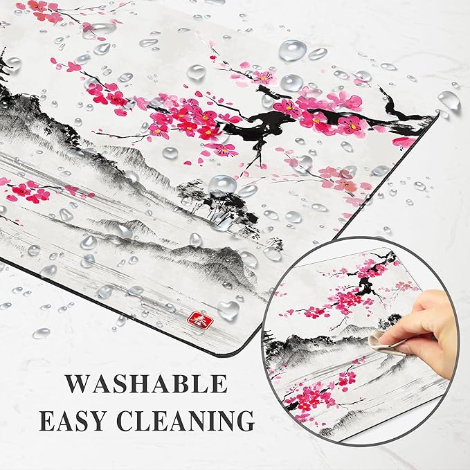 Cherry Blossom Mouse Pad Sakura Japanese Gray Mousepad Desk Grey Pink White Flower Floral Tree Japan Vintage Watercolor Aesthetic Landscape Scenery Computer Gaming Square Art Mat Accessories Travel