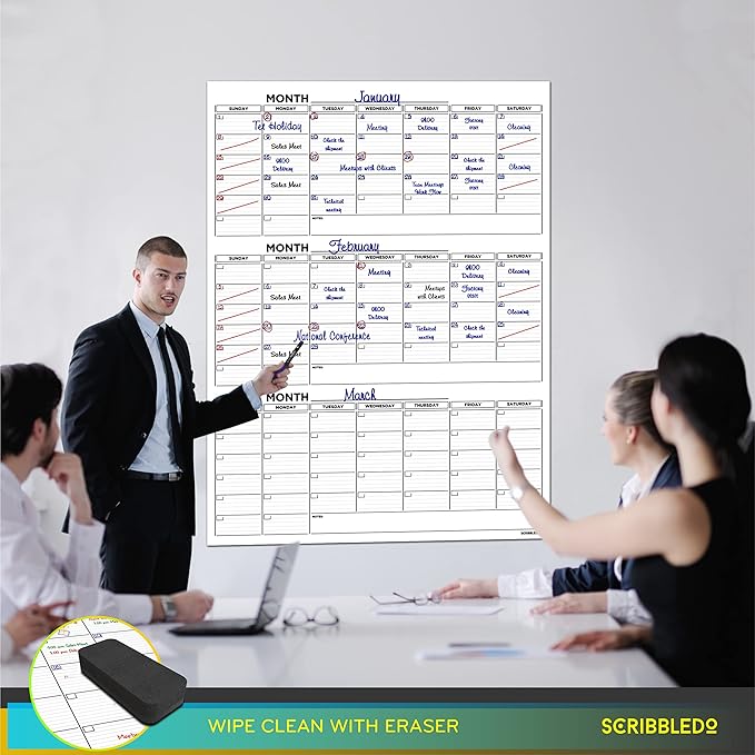 Large 36"x48" Quarterly White Board Calendar Dry Erase Calendar for Wall 3 Month Big Dry Erase Wall Calendar Monthly Dry Erase Board Planner Includes 6 Markers Eraser Push Pins & Mounting Tape