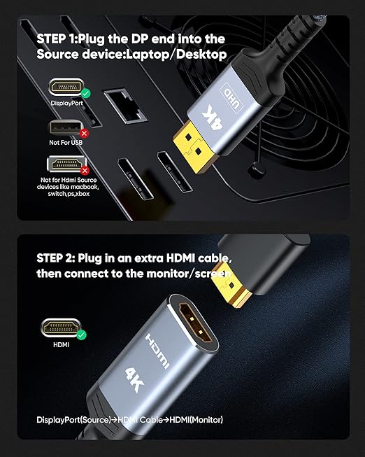Highwings 4K Display Port to HDMI Adapter, Uni-Directional DP 1.2 Computer to HDMI 2.0 Screen, DisplayPort to HDMI Adapter (Male to Female), SR Anti-Break, No Latch, for Dell HP AMD NVIDIA, Passive
