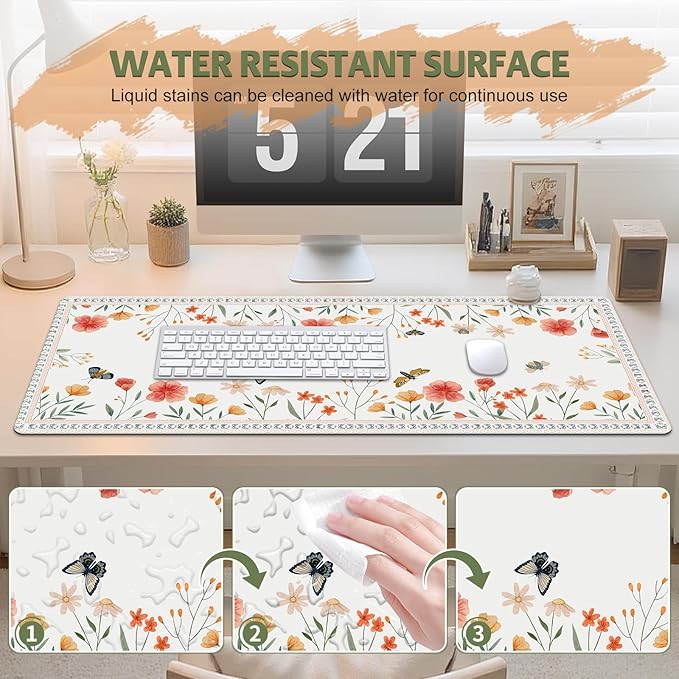 Desk Pad for Keyboard and Mouse, Large Mouse Pad for Desk, Non-Slip Keyboard Mat, Computer Mats for Desk, Cute Desk Pad with Stitched Edges for Office, Gaming I Apricot Butterflies Flowers