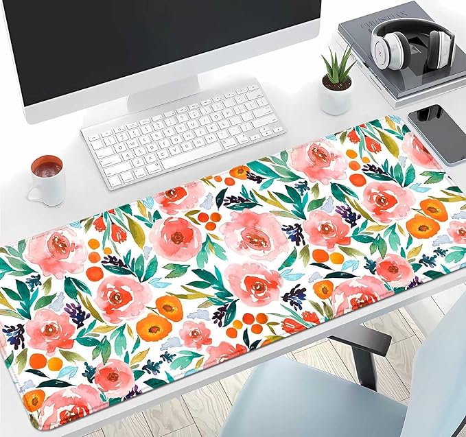 IMAYONDIA Large Floral Gaming Mouse Pad Mat with Stitched Edges, Extended Mousepad, Non-Slip Rubber Base Keyboard Pad, Desk Pad for Gamer, Office, (31.5” x 11.8” x 0.12”) - Watercolor Rose Flowers