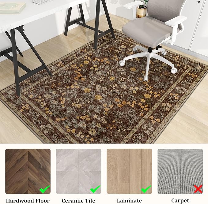 chakme Office Chair Mat for Hardwood Floor, 48"x36" Easy Glide Computer Desk Mat Protector for Rolling Chair Under Desk Rug Nonslip Backing, Machine Wash, (Floral)
