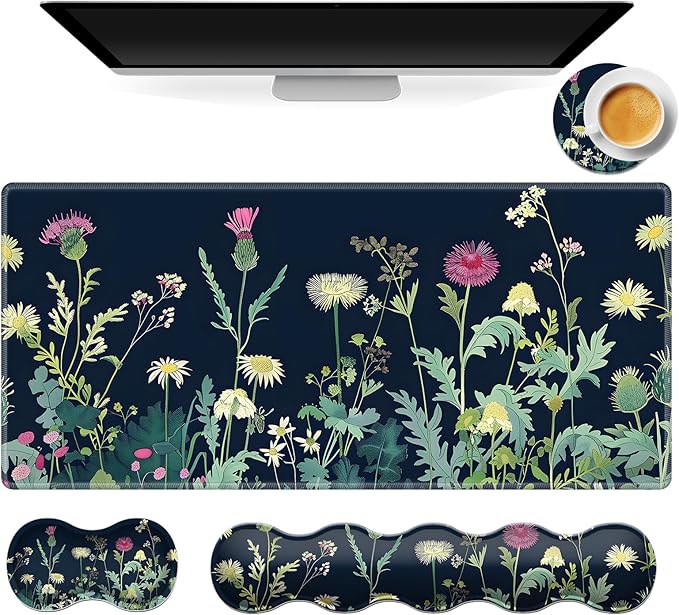 Gaming Mouse Pad Set, Wildflowers Illustration Large Desk Mat Mousepad, Keyboard Wrist Support, Mouse Wrist Rest, Coaster 4in1 Ergonomic Memory Foam, Non-Slip Stitched Edge for Home Office