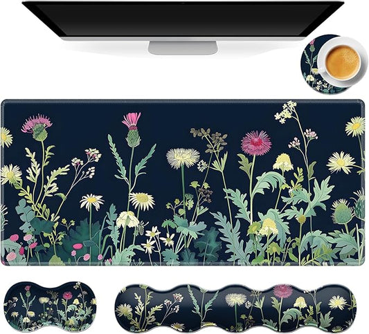 Gaming Mouse Pad Set, Wildflowers Illustration Large Desk Mat Mousepad, Keyboard Wrist Support, Mouse Wrist Rest, Coaster 4in1 Ergonomic Memory Foam, Non-Slip Stitched Edge for Home Office
