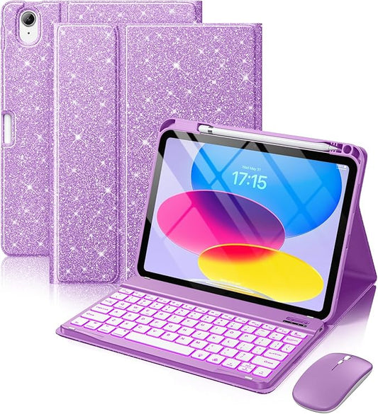 Hamile for iPad A16 Case with Keyboard - Mouse Backlit Wireless Detachable Keyboard Glitter Folio Cover with Pencil Holder for iPad 11th Gen A16 11-inch 2025 10th Generation 10.9 Inch 2022 - Purple