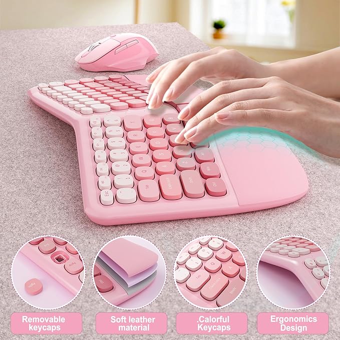 Ergonomic Wireless Keyboard Mouse, Mechanical Gaming Set with Wrist Rest & OTG & Brush Ideal for Windows PC, Home, Office and College Pink