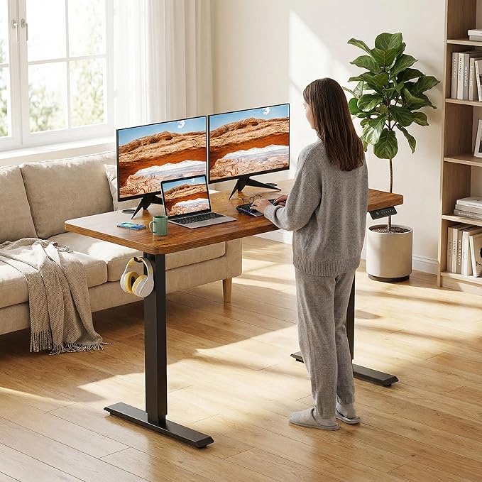 farexon Electric Standing Desk Adjustable Height, 48x 24 Inches Sit Stand Up Computer Desk with Double Metal Hook，4 Memory Preset Heights, 27''-46'' Lifting Range for Home/Office（Brown）
