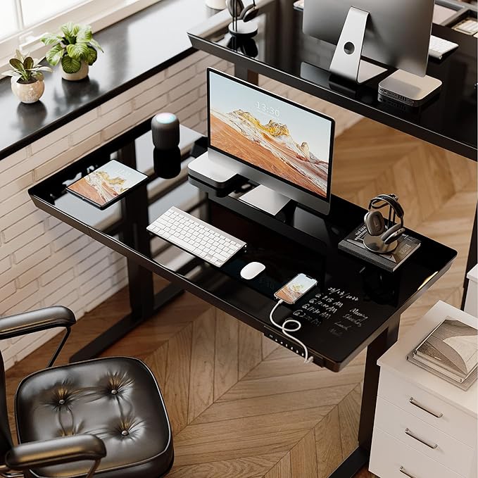BANTI Electric Standing Desk with Drawers, 55 inch Whole-Piece Glass Desktop, Height Adjustable Stand up Sit Stand Home Office Ergonomic Workstation, Black Tabletop