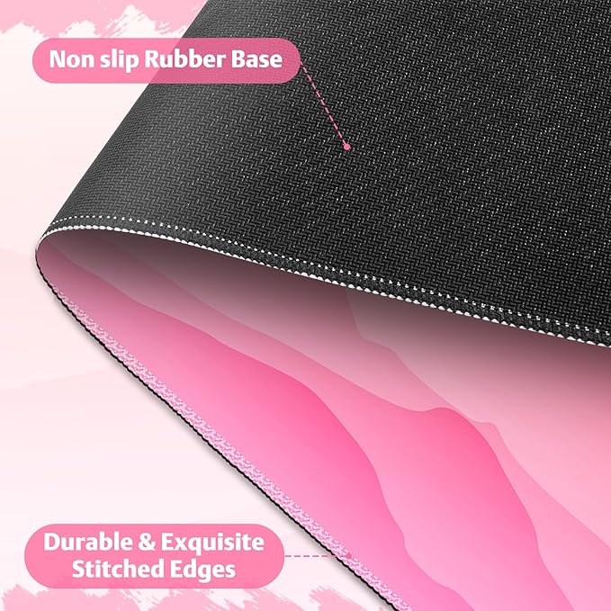 Desk Mat for Keyboard and Mouse, Large Mouse Pad Non-Slip Keyboard Pad, Computer Mats for Desktop, Cute Desk Pad with Stitched Edges for Office, Gaming I Pink Mountains