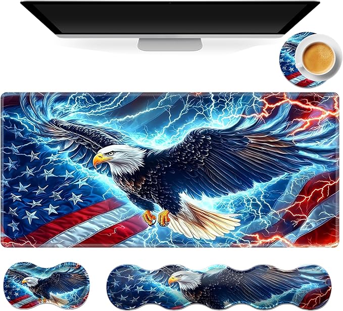 Gaming Mouse Pad Set, American Flag Eagle Large Desk Mat Mousepad, Keyboard Wrist Support, Mouse Wrist Rest, Coaster 4in1 Ergonomic Memory Foam, Non-Slip Stitched Edge for Home Office