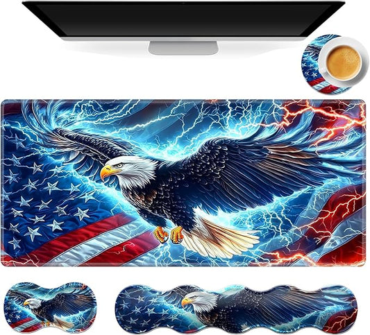 Gaming Mouse Pad Set, American Flag Eagle Large Desk Mat Mousepad, Keyboard Wrist Support, Mouse Wrist Rest, Coaster 4in1 Ergonomic Memory Foam, Non-Slip Stitched Edge for Home Office