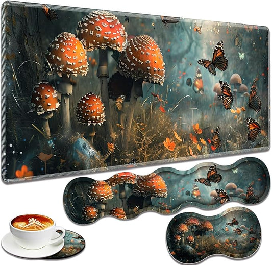 Large Gaming Mouse Pad + Keyboard Wrist Rest + Wrist Support + Coaster Set, Memory Foam Ergonomic for Easy Typing, XXL Extended Gaming Mouse Pad Table Pad - Mushroom Forest Butterfly