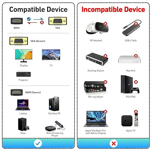 HDMI to VGA 6FT, Uni-Directional HDMI Computer to VGA Monitor Cable (Male to Male) Compatible for Desktop, Laptop, PC, Monitor, Projector, HDTV, Raspberry Pi, Roku, Xbox and More