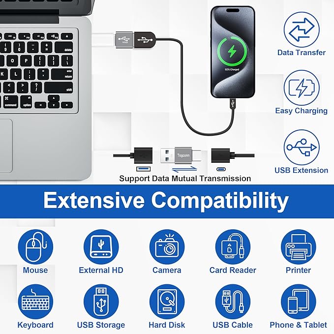USB to USB C Adapter 2Pack, Type-C Male to USB Type-A Male Converter Connector,Support 3A Charge & 10Gbps Data Transfer Compatible with Phones, Computers, Tablet, Laptop and More