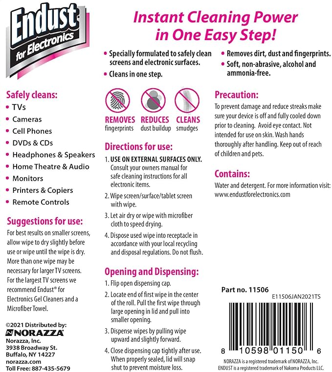 Endust For Electronics; Cleaning Wipes for Screens & Electronics Surfaces; Pre-Moistened, Alcohol & Ammonia Free, 140 Count (Pack of 2)
