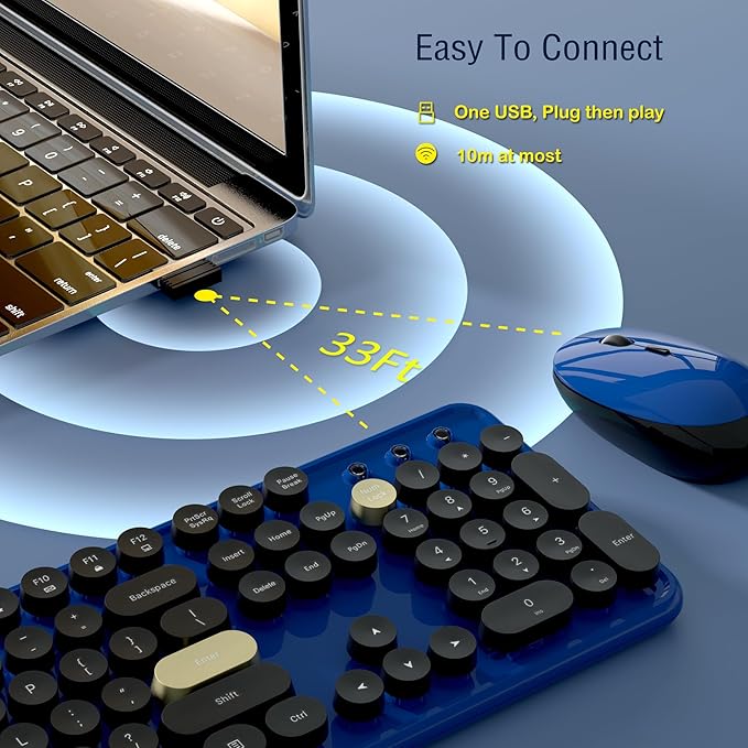 Wireless Keyboard and Mouse Combos, Retro Keyboard and Mouse Wireless Full Size, 2.4Ghz Connection and Optical Mouse for Windows, Mac, PC, Laptop for Home and Office (Jewel Blue-Black)