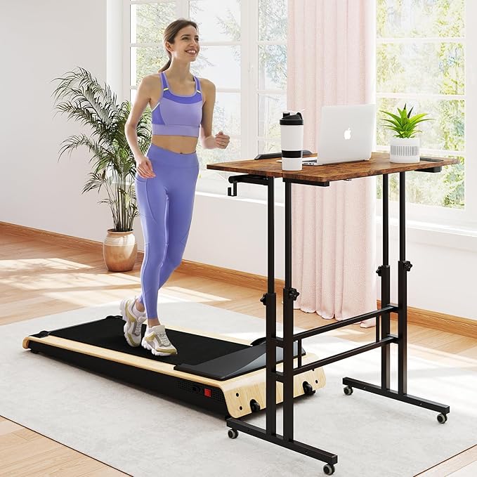SIDUCAL Mobile Standing Desk with Charging Station, Portable Desk for Walking Pad, Adjustable Computer Workstation with Wheels, Office Table Stand with Tilted Desktop 23.62" D X 31.5" W Rustic Brown
