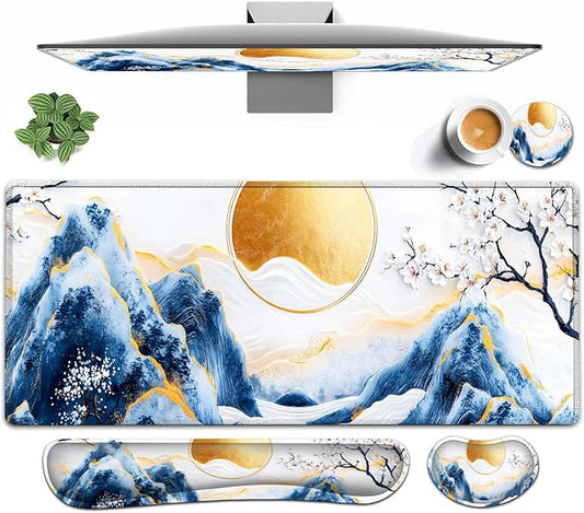 Large Mouse pad and Keyboard Support Set, Ergonomic Memory Foam Keyboard Wrist Rest, Extended Gaming Mouse Pad with Stitched Edges, Porcelain Sakura Bloom Art XXL Desk Mat (31.5 X 11.8 in)