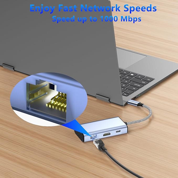 USB C to Ethernet Adapter, 6-in-1 USB C to HDMI Docking Station, MultiPort Docking Station for Dell/HP/Mac Laptop, 4K@30Hz 85W, Gigabit Ethernet Adapter, 100W PD Charging, USB A 3.0 Data Ports