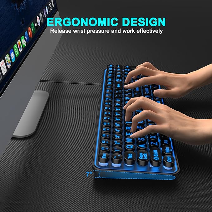 Large Print Backlit Keyboard, Wired USB Lighted Computer Keyboards with 7-Color Backlit, Oversized Print Letters, Quiet Typewriter Keyboard with Retro Round Keycaps for Windows PC, Laptop