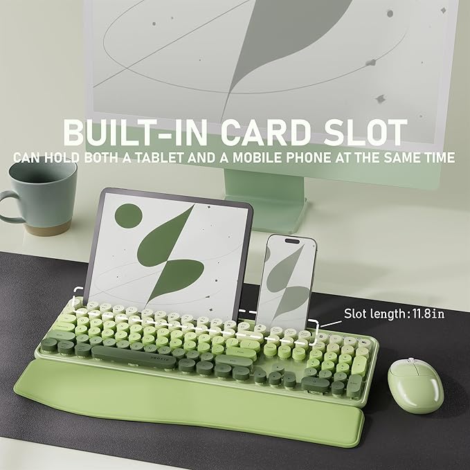 UBOTIE Wireless Keyboard and Mouse Combo with Phone Holder and Wrist Rest, Round Colorful Keys, Power Switches, 2.4GHz USB Receiver, Full-Size QWERTY Layout for PC Laptop（Green