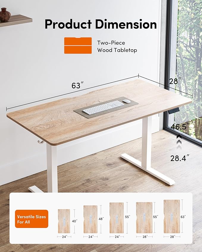 FEZIBO Standing Desk, 63×28 Inches Electric Height Adjustable, Sit Stand Up Table, Computer Office Desk with Splice Board, While Frame/Maple TOP
