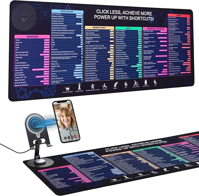 Magnetic Wireless Charging,Excel Cheat Sheet Mouse Pad with Phone Stand Extended Excel Shortcuts Desk Pad, Waterproof Ultra-Smooth Keyboard Mat, Non-Slip Base (Not Included Adapter 9V 2A)