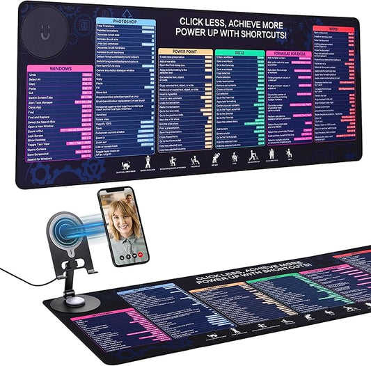 Magnetic Wireless Charging,Excel Cheat Sheet Mouse Pad with Phone Stand Extended Excel Shortcuts Desk Pad, Waterproof Ultra-Smooth Keyboard Mat, Non-Slip Base (Not Included Adapter 9V 2A)
