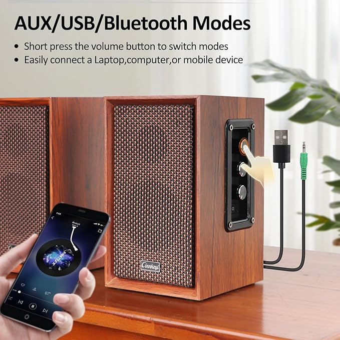 【2026 Upgraded】 Passive Bookshelf Speakers – 40W Hi-Fi Computer Speakers with Powerful Bass, Bluetooth/USB/RCA/AUX Inputs – 2.0 Wooden PC/TV Speakers for Laptop, Turntable