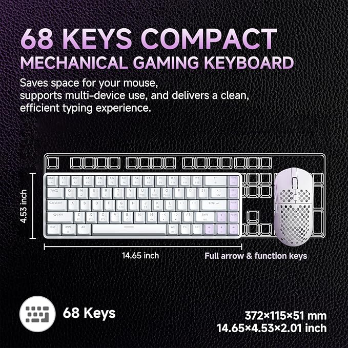 DIERYA DK68 Wireless Mechanical Keyboard, 60% Gaming Keyboard with Blue Switch, Triple Mode 2.4GHz/USB-C/BT5.0, RGB Backlit, Anti-Ghosting Keys, 68 Keys Portable Mini Wired Office Keyboard-White