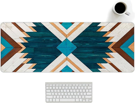 Western Mouse Pad, Western Desk Accessories, Blue Green Aztec Rug Desk Mat Retro Southwest Gaming Large Mouse Pad for Desk Vintage Computer Gifts for Cowboy Cowgirl Western Office Decor 31.5x11.8