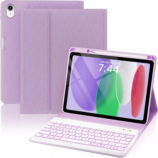 OYEEICE for iPad 11th (A16) &10th Generation Case with Keyboard - 7 Color Backlit Wireless Detachable Folio Keyboard Cover with Pencil Holder for iPad 11 inch A16 2025 10th Gen 10.9'' 2022 - Purple