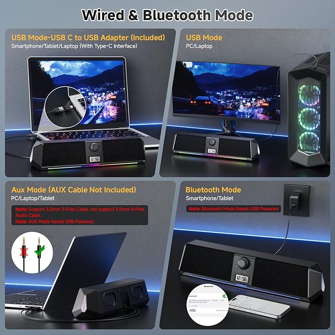 SOULION R80 Bluetooth Computer Speakers, USB Plug & Play PC Speakers with Digital Clock Display, Clear Sound Soundbar with Colorful LED Lights for Desktop Monitor Laptop (USB Adapter Included)