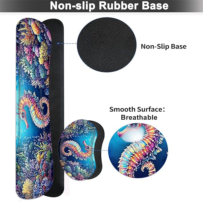 Large Mouse pad and Keyboard Support Set, Ergonomic Memory Foam Keyboard Wrist Rest, Extended Gaming Mouse Pad with Stitched Edges, Cute Seahorse XXL Desk Mat (31.5 X 11.8 in)