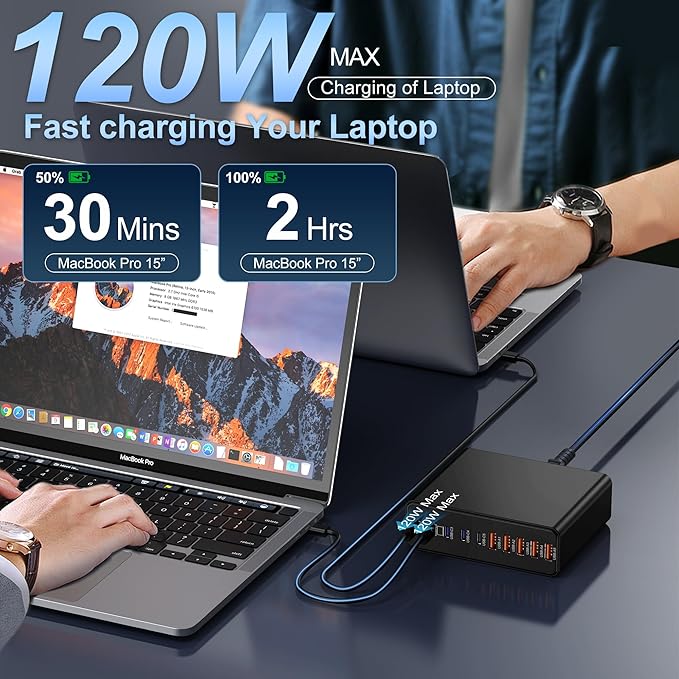 800W USB C Charger Block,10-Port Charging Station GaN Fast Charging Type C & USB A Wall Charger Adapter for MacBook Pro/Air,iPhone,iPad,Dell XPS,Samsung Galaxy (Bright Black)