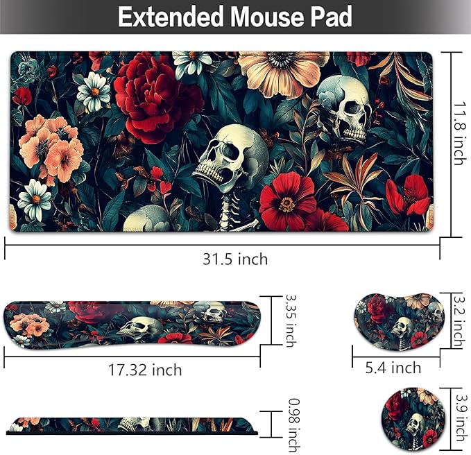 Large Mouse pad and Keyboard Support Set, Ergonomic Memory Foam Keyboard Wrist Rest, Extended Gaming Mouse Pad with Stitched Edges, Skeleton Zone XXL Desk Mat (31.5 X 11.8 in)
