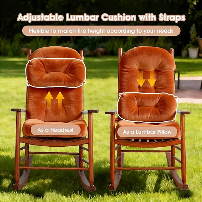 Rocking Chair Cushion Indoor Large Chair Pads Set with Ties Extra Lumbar Pillow Premium Dutch Velvet High Resilience Filler Non-Slip Bottom, Orange