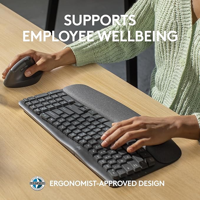 Logitech Wave Keys for Business, Wireless Ergonomic Keyboard with Cushioned Palm Rest, Secure Logi Bolt Technology, Bluetooth, Compatible with Windows/Mac/Chrome/Linux - Graphite