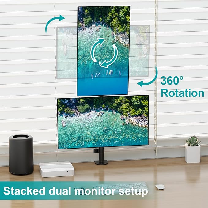 Vertical Dual Monitor Stand for 2 Max 32 inch Stack Screen Monitors, Stacked Monitor Mount with Swivel, Tilt, Height Adjustable, Computer Monitor Arm Holds up to 17.6 lbs Each