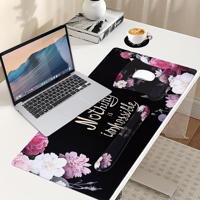 MEGREZ 4-in-1 Ergonomic Memory Foam Wrist Rest Set, Desk Pad, Mouse Pad with Wrist Rest, Keyboard Pad, Suitable for Office Workers, Programmers & Gamers–Relieve Typing & Gaming Fatigue, Black