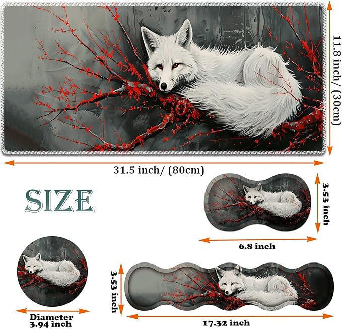 Large Gaming Mouse Pad + Keyboard Wrist Rest + Wrist Support + Coaster Set, Memory Foam Ergonomic for Easy Typing, XXL Extended Gaming Mouse Pad Table Pad - Red Branch and Fox