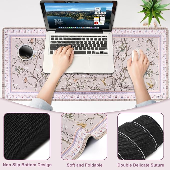 MEGREZ 4-in-1 Ergonomic Memory Foam Wrist Rest Set, Desk Pad, Mouse Pad with Wrist Rest, Keyboard Pad, Suitable for Office Workers, Programmers & Gamers–Relieve Typing & Gaming Fatigue, Light Brown