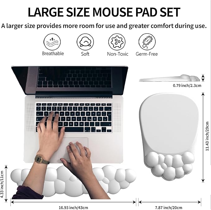 Ergonomic Mouse Pad and Keyboard Rest, 2 in 1 Cloud Wrist Rest + Cloud Mouse Pad, Non-Slip, Relieve Wrist Pain, White
