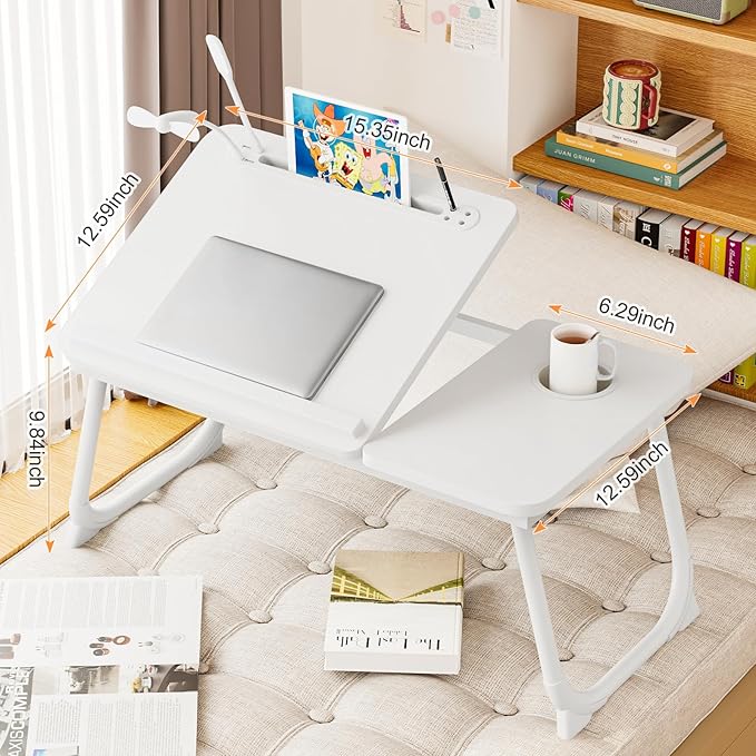 Laptop Desk for Bed, Adjustable Laptop Stand with 5 Different Angles, Portable Lap Tray Table with USB Charge Port and Cup Holder, Laptop Bed Desk Tray for Eating Working Writing (White)
