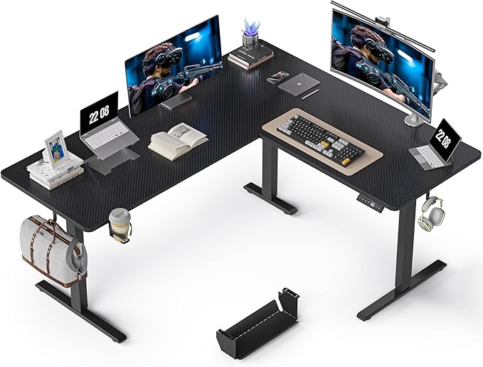 63 Inches Reversible L Shaped Standing Desk for Home Office, Electric Height Adjustable Corner Computer Desk, Sit Stand up Table with Cup Holder, Ergonomic Gaming Desk, Black