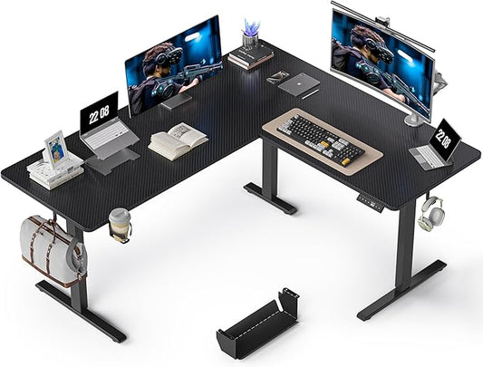 63 Inches Reversible L Shaped Standing Desk for Home Office, Electric Height Adjustable Corner Computer Desk, Sit Stand up Table with Cup Holder, Ergonomic Gaming Desk, Black